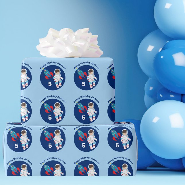 Kids Outer Space Astronaut Custom Blue Birthday Wrapping Paper (Creator Uploaded)