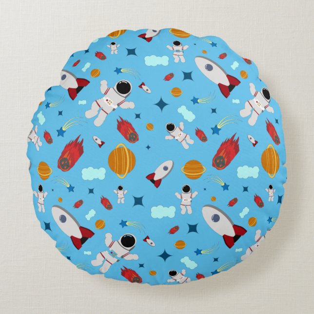 Kid's Outer Space & Astronaut Pattern Round Pillow (Front)
