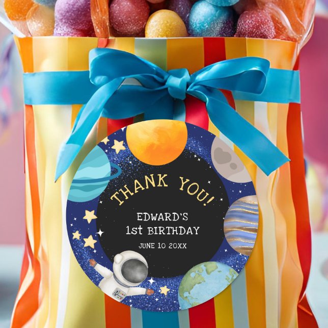 Kid's Outer Space Birthday Thank You Classic Round Sticker (Creator Uploaded)