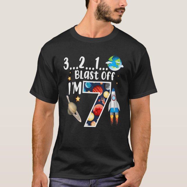 Kids Outer Space Blast Off 7 Years Old Birthday Bo T-Shirt (Front)