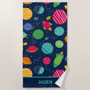 Kids Outer Space Rockets Planets Constellations Beach Towel
