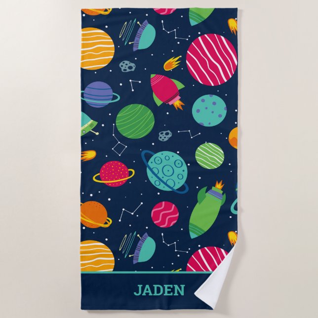 Kids Outer Space Rockets Planets Constellations  Beach Towel (Front)
