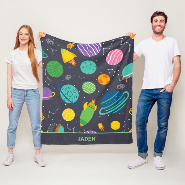 Kids Outer Space Rockets Planets Constellations Fleece Blanket (In Situ)