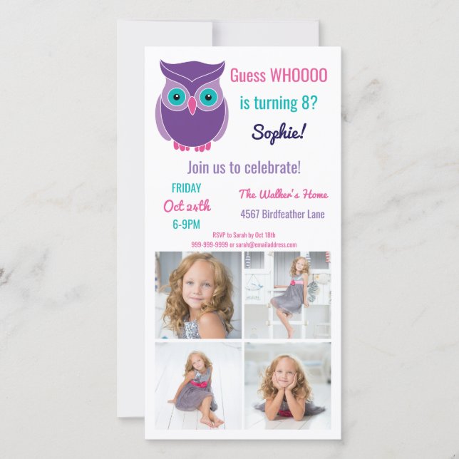 Kids Owl Birthday Party Animal  Photo Invitation (Front)