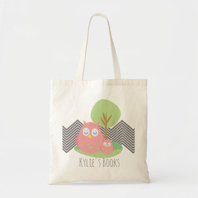 Kids Owls Pink Library Book  Tote Bag (Front)