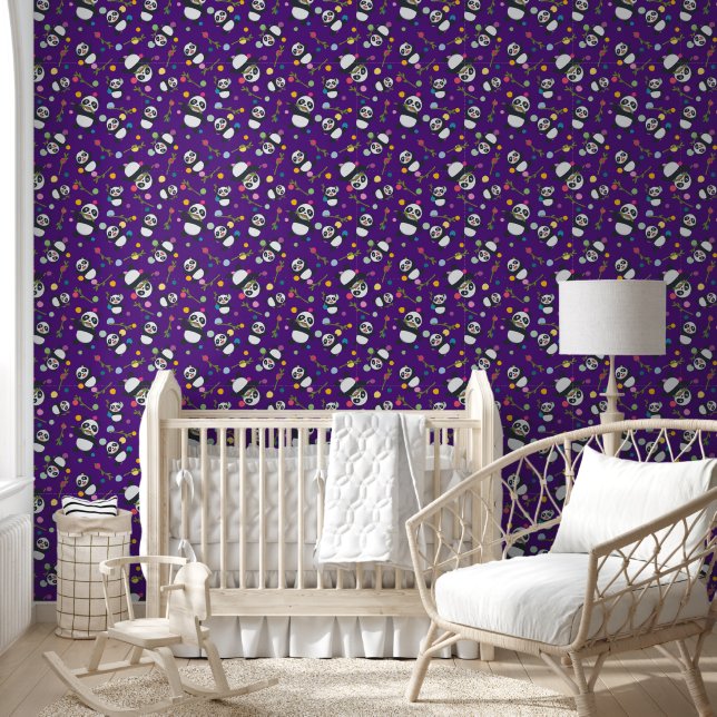 Kids panda polka dot pattern purple background wallpaper (Kids)