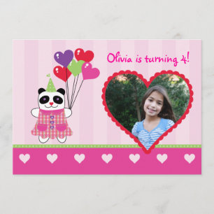 Kids Panda Valentine's Birthday Party Photo Invita Invitation