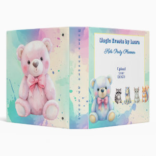 Kids Party Planner Pastel Teddy Bear QR Code Logo Binder