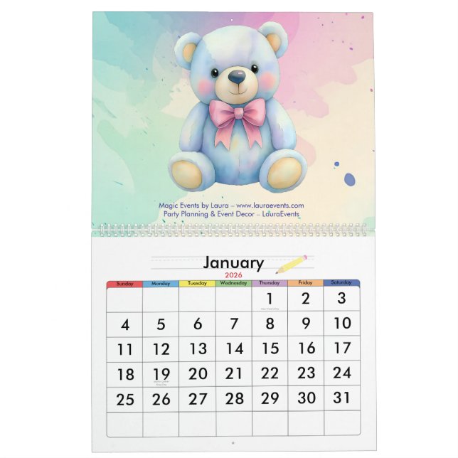 Kids Party Planner Pastel Teddy Bear QR Code Logo Calendar (Jan 2026)