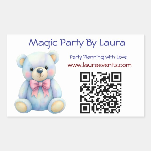 Kids Party Planner Pastel Teddy Bear QR Code Logo Sticker (Front)
