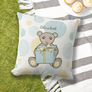 Kids Pastel Blue and Yellow Teddy Bear Outdoor Throw Pillow