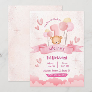 Kids Pastel Pink Cute 1st Birthday Invitation