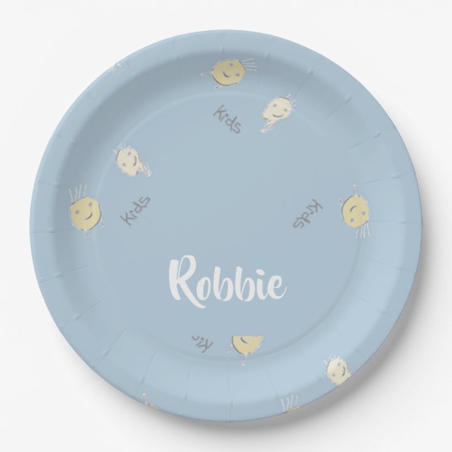 Kids pattern on blue paper plate (Front)