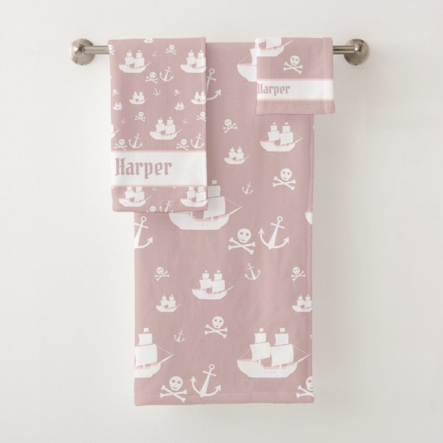 Kids Pattern Pink Personalized Anchor Ship Pirate Bath Towel Set (Insitu)