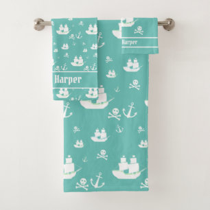 Kids Pattern Teal Personalized Anchor Ship Pirate Bath Towel Set