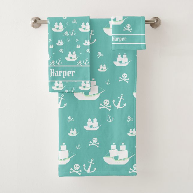 Kids Pattern Teal Personalized Anchor Ship Pirate Bath Towel Set (Insitu)