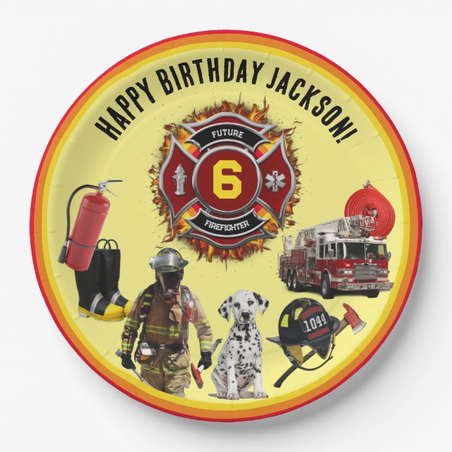 Kids Personalize Age & Name Firefighter Birthday Paper Plate (Front)