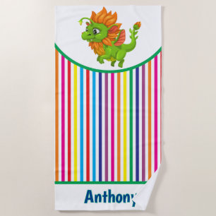 Kids Personalize Playful Green Dragon Beach Towel