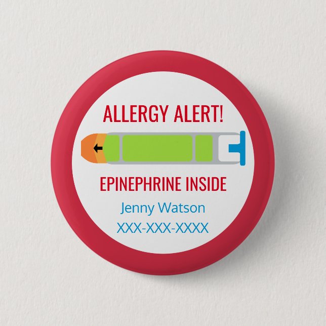Kids Personalized Allergy Alert Epinephrine Inside 2 Inch Round Button (Front)