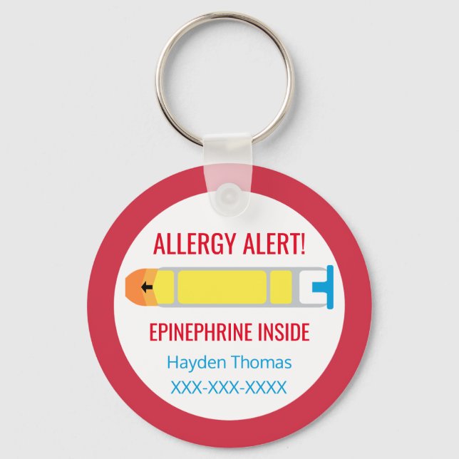 Kids Personalized Allergy Alert Epinephrine Red Keychain (Front)