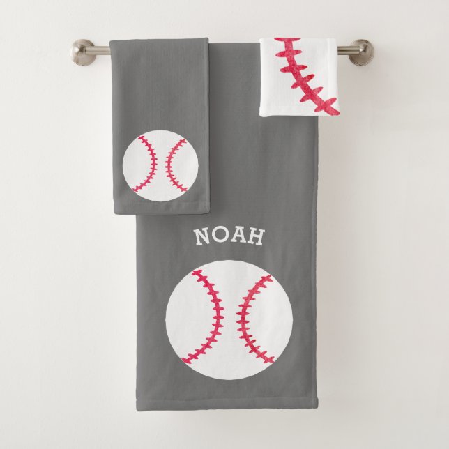 Kids Personalized Baseball Sports Grey Athletic Bath Towel Set (Insitu)