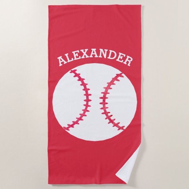 Kids Personalized Baseball Sports Red Beach Towel (Front)