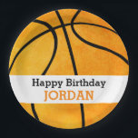 Kids Personalized Basketball Happy Birthday Orange Paper Plate<br><div class="desc">Kids Personalized Basketball Happy Birthday Sports Themed Party Paper Plates. Personalized with name in orange. Background is white with a vintage watercolor style orange basketball pattern. Fun sports themed birthday party supplies for a basketball lover. Text reads Happy Birthday in black.</div>