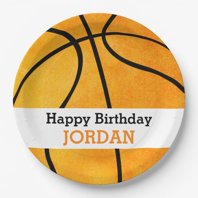 Kids Personalized Basketball Happy Birthday Orange Paper Plate (Front)
