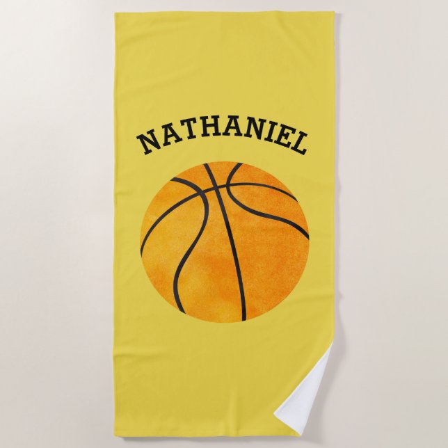 Kids Personalized Basketball Sports Orange Yellow Beach Towel (Front)