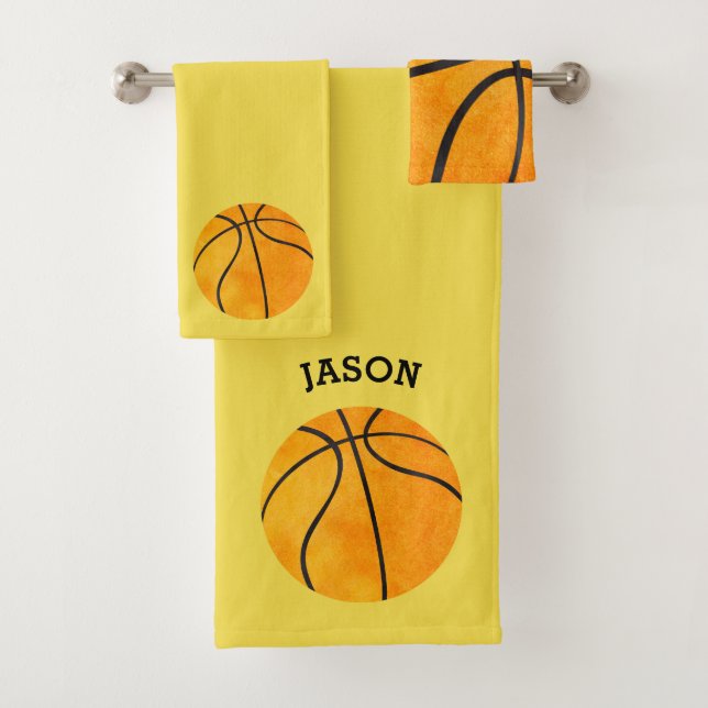Kids Personalized Basketball Sports Yellow Bath Towel Set (Insitu)