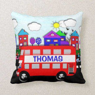 Kids Personalized Big Red Bus Throw Pillow