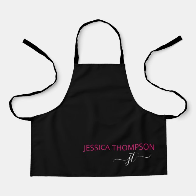 Kids Personalized Black Hot Pink Monogram Name  Apron (Front)
