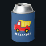 Kids personalized can coolers with toy dump truck<br><div class="desc">Kids personalized can coolers with toy dump truck. Cute beverage holders for children with custon name of child. Funny Birthday party favour for boys and girls. Cozy red dumptruck design in primary colours. Also fun design for cosy baby shower or 1st Birthday celebration. Make your own cancooler for son, nephew...</div>