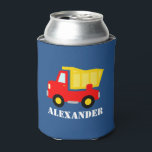 Kids personalized can coolers with toy dump truck<br><div class="desc">Kids personalized can coolers with toy dump truck. Cute beverage holders for children with custon name of child. Funny Birthday party favour for boys and girls. Cozy red dumptruck design in primary colours. Also fun design for cosy baby shower or 1st Birthday celebration. Make your own cancooler for son, nephew...</div>