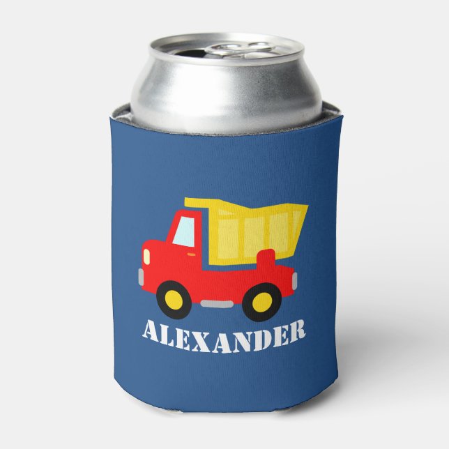 Kids personalized can coolers with toy dump truck (Can Front)
