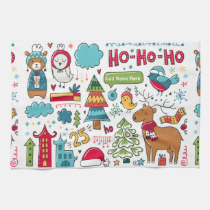Kids Personalized Christmas Folk Art Doodles Decor Kitchen Towel
