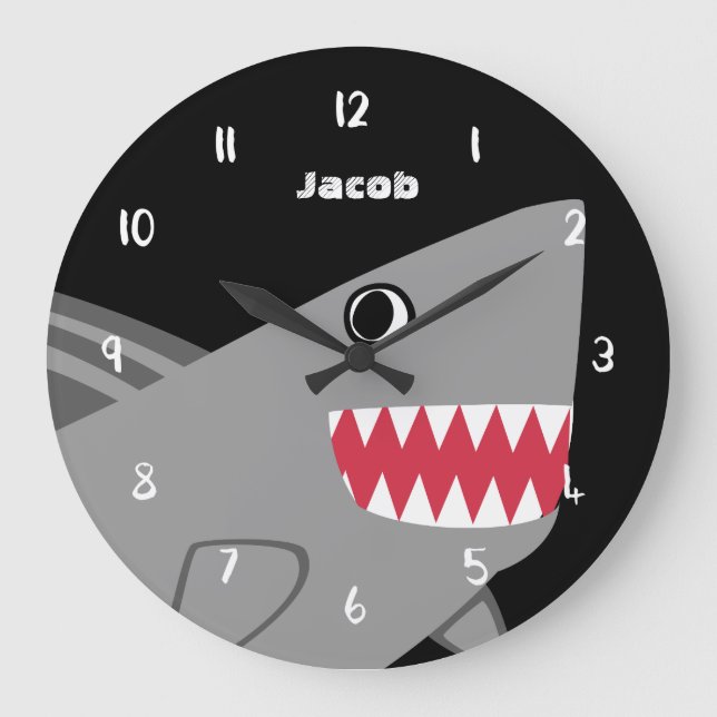 Kids Personalized Cute Grey Shark Black and White Large Clock (Front)
