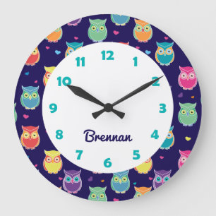 Kids Personalized Cute Owl Pattern Blue Animal Large Clock