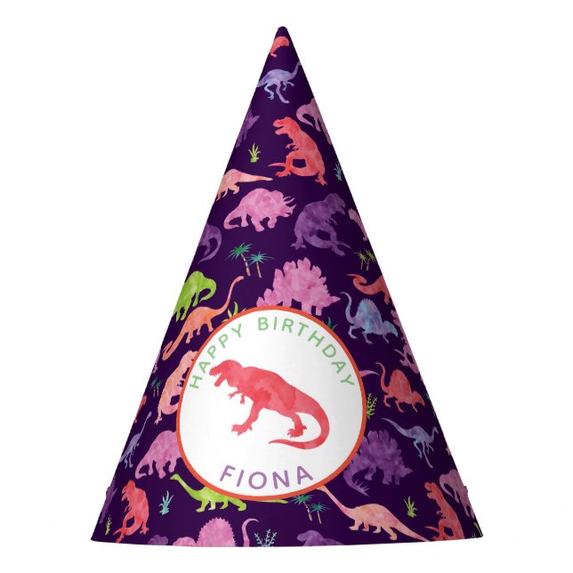 Kids Personalized Dinosaur Birthday Party Purple Party Hat (Front)