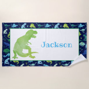 Kids Personalized Dinosaur Blue Watercolor T-Rex Beach Towel