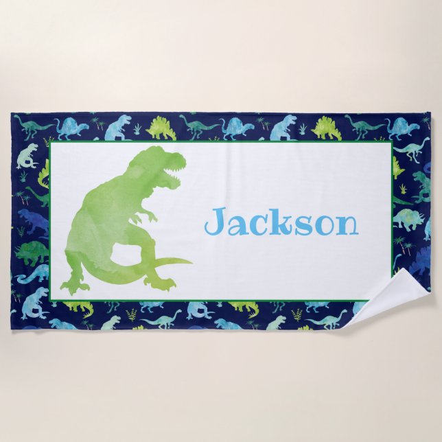 Kids Personalized Dinosaur Blue Watercolor T-Rex Beach Towel (Front)