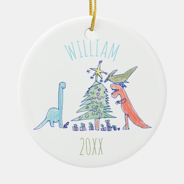 Kids Personalized Dinosaur Holiday Christmas Ceramic Ornament (Front)