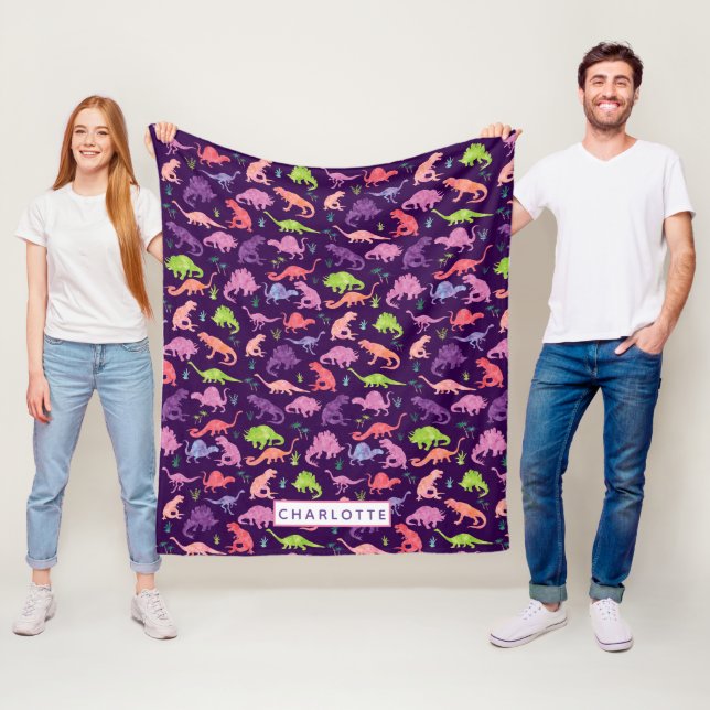 Kids Personalized Dinosaur Pink Purple Girls Fleece Blanket (In Situ)
