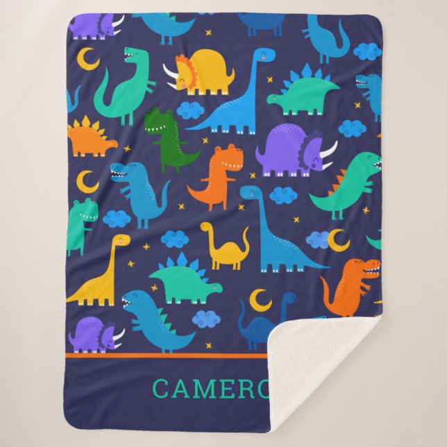Kids Personalized Dinosaurs At Night Blue Orange Sherpa Blanket (Front)