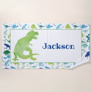 Kids Personalized Green Dinosaur Watercolor T-Rex Beach Towel