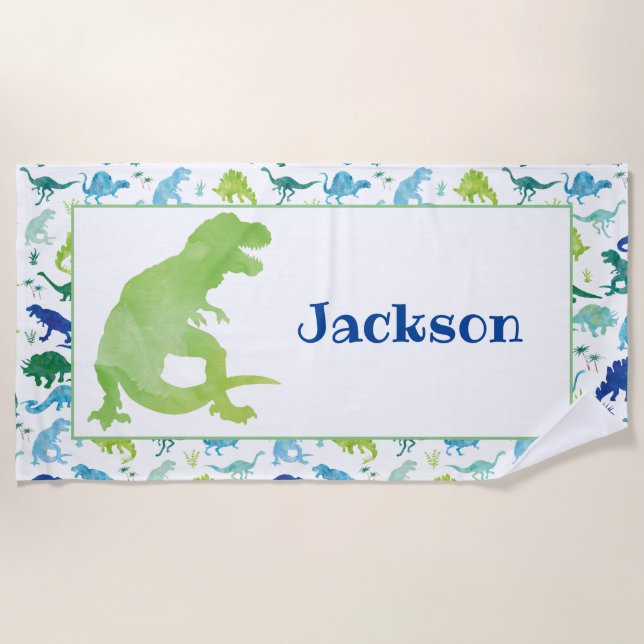 Kids Personalized Green Dinosaur Watercolor T-Rex Beach Towel (Front)