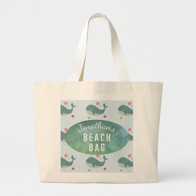 Kids Personalized Name Whale Beach Tote Bag (Front)