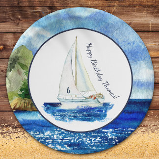 Kids Personalized Ocean Sailboat Birthday Party Paper Plate