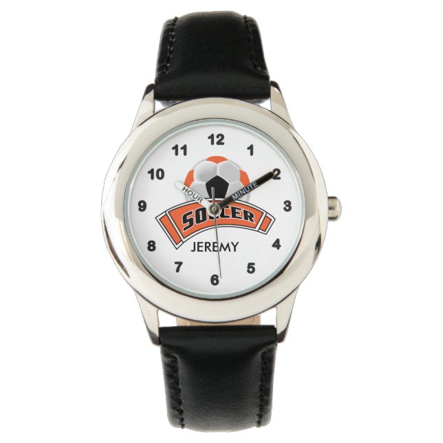 Kids Personalized Orange Soccer  Watch (Front)