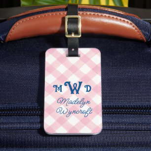 Kids Personalized Pink Monogram Gingham Bag Tag